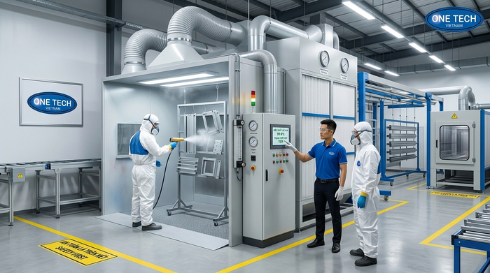 Tiêu chuẩn an toàn sơn tĩnh điện trong nhà máy Nhà xưởng sơn tĩnh điện cần có buồng phun, hút lọc bụi và bảo hộ lao động