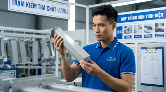 Kiểm tra chất lượng lớp sơn tĩnh điện Kiểm tra chất lượng lớp sơn tĩnh điện sau khi hoàn thiện tại xưởng