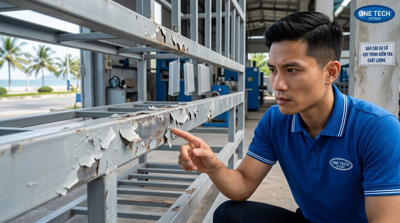 Dịch vụ kiểm tra và xử lý sơn tĩnh điện bong tróc OneTech OneTech kiểm tra tình trạng sơn tĩnh điện bị bong tróc tại Đà Nẵng