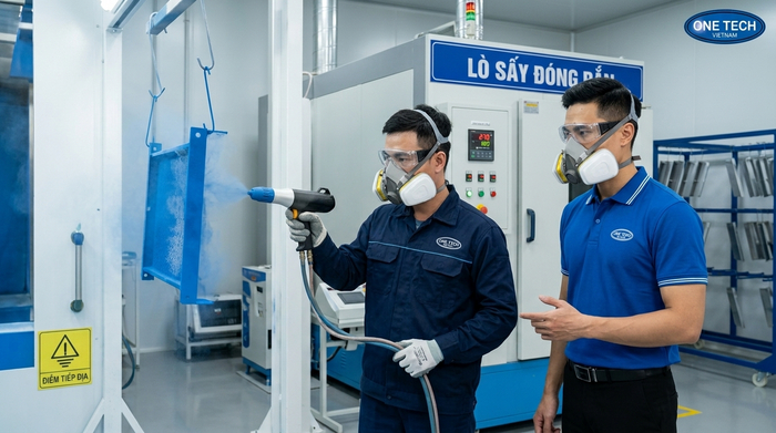 Phun bột sơn và sấy đóng rắn Công đoạn phun bột và sấy đóng rắn trong quy trình sơn tĩnh điện