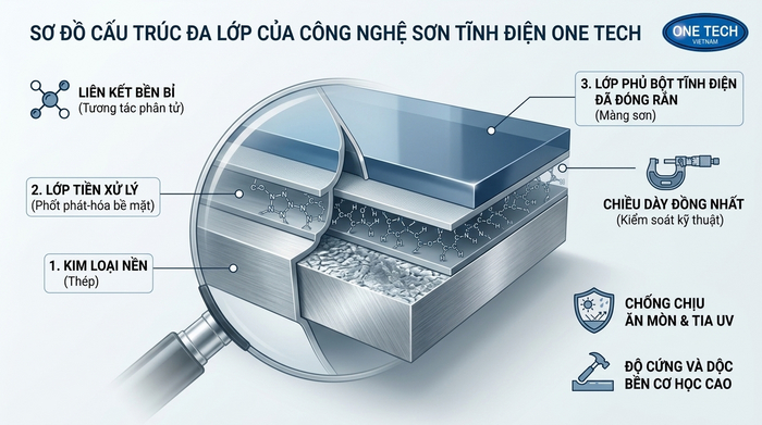 Cấu tạo lớp sơn tĩnh điện Đà Nẵng Sơ đồ cấu tạo lớp sơn tĩnh điện Đà Nẵng trên bề mặt kim loại