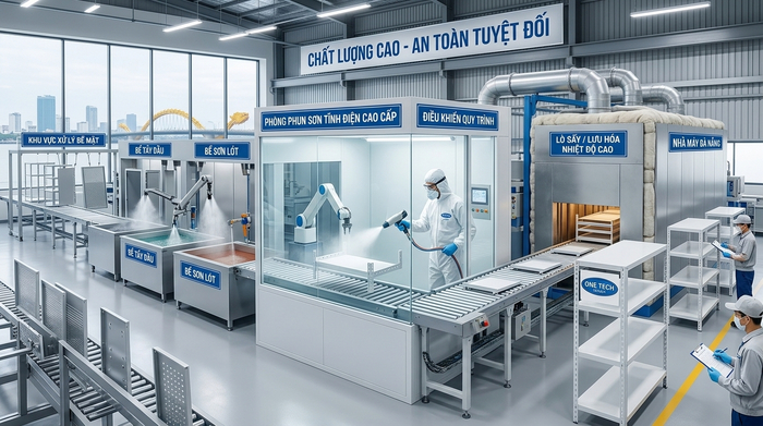 Sơn tĩnh điện Đà Nẵng OneTech Xưởng sơn tĩnh điện Đà Nẵng kiểm soát quy trình xử lý bề mặt phun sơn và sấy hoàn thiện