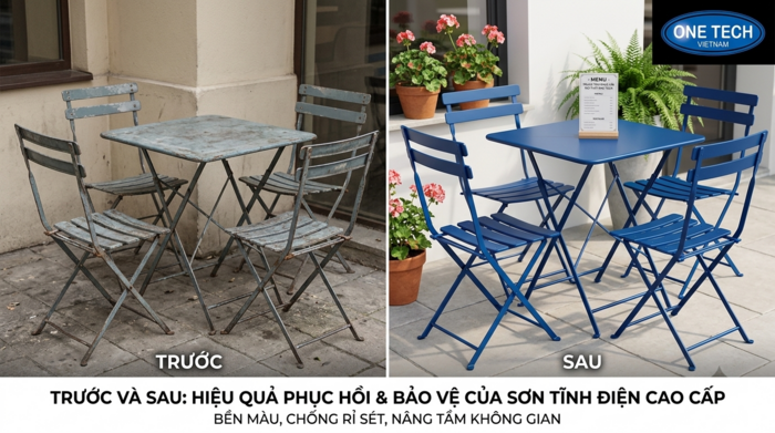 Phục hồi bàn ghế sắt bằng sơn tĩnh điện Bàn ghế sắt cũ trước và sau khi sơn tĩnh điện