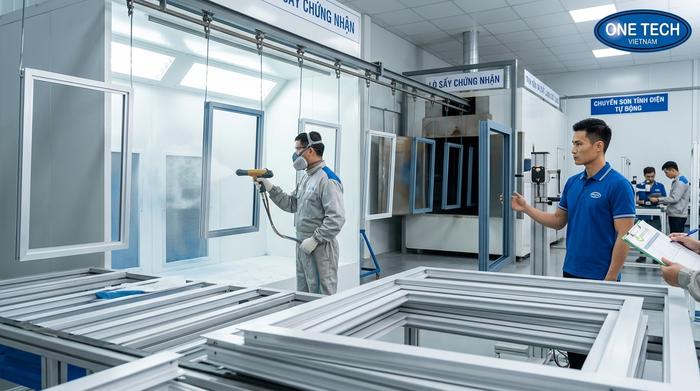 Quy trình phun sơn tĩnh điện cho khung nhôm kính từ xử lý bề mặt đến sấy hoàn thiện